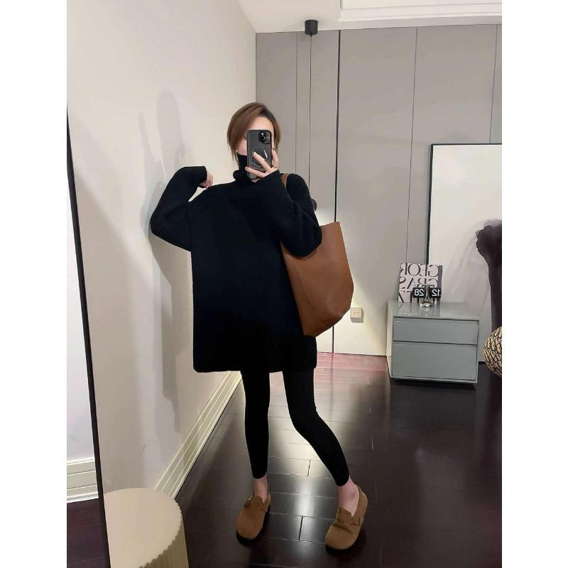 Khaki turtleneck lazy sweater women's autumn and winter new design sense split fork medium and long bottom top