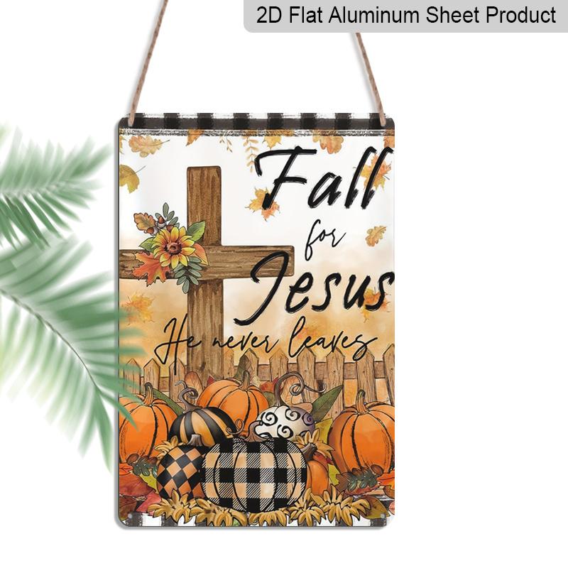 2D Flat Fall for Jesus Cross Buffalo Plaid Pumpkin Sunflower Metal Sign - 8.0x12.0inch Aluminum Wall Art, Religious Autumn Farmhouse Decor 20*30cm