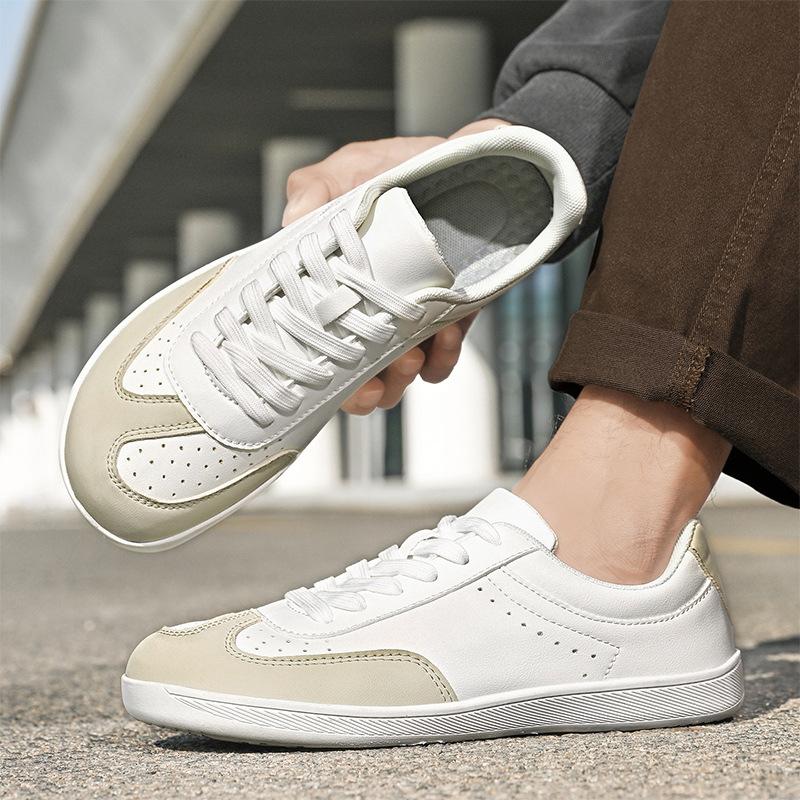 Fashion Men Leather Casual Shoes Round Toe Flat Skate Shoes Street Breathable Lace-up Sneaker