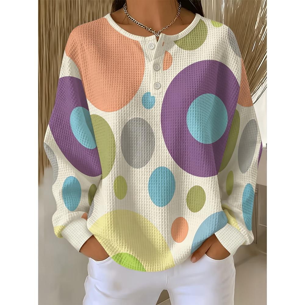 Waffle- Sweatshirt Featuring a Vibrant Large Design with a Three-button Round Neckline and Long Sleeves Top