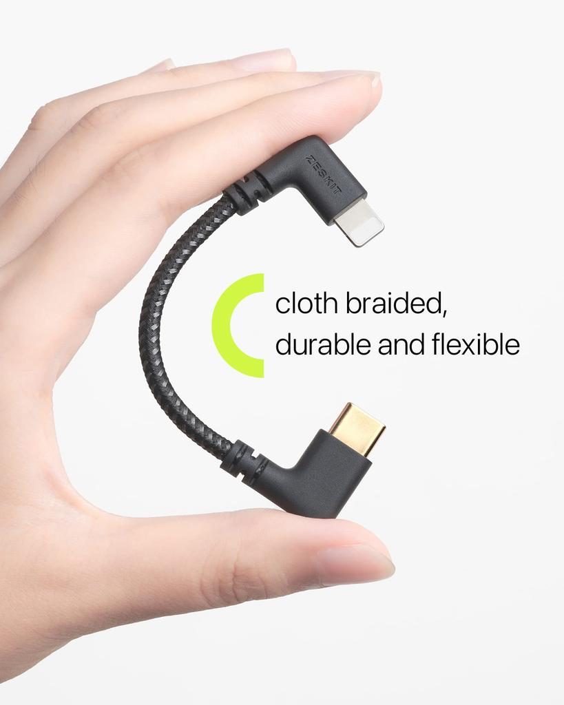 Zeskit MFi Certified Lightning to USB C Right 10cm Braided Cable, Angle,