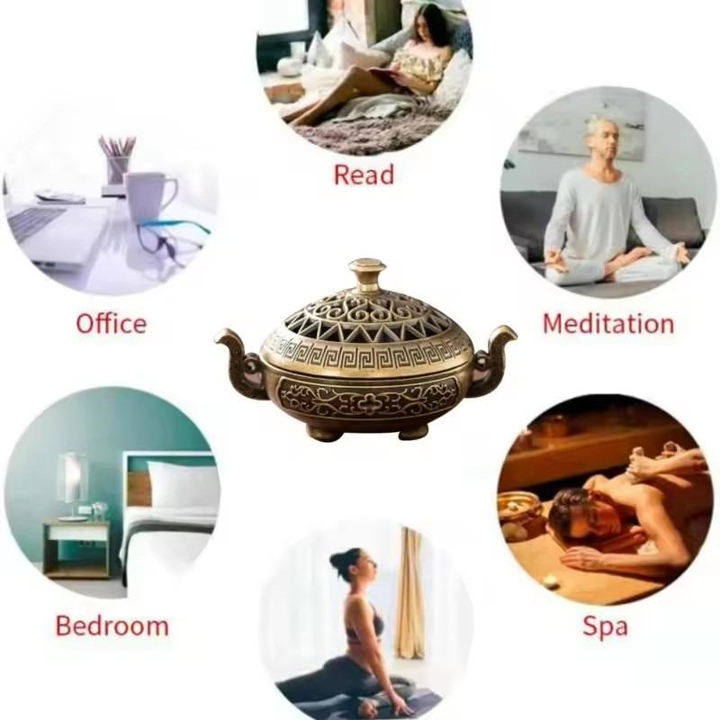Mini Copper Tripod Incense Burner - Bronze Hollow Out Censer with Lid, Incense Stick Holder for Aroma Yoga Home Decor