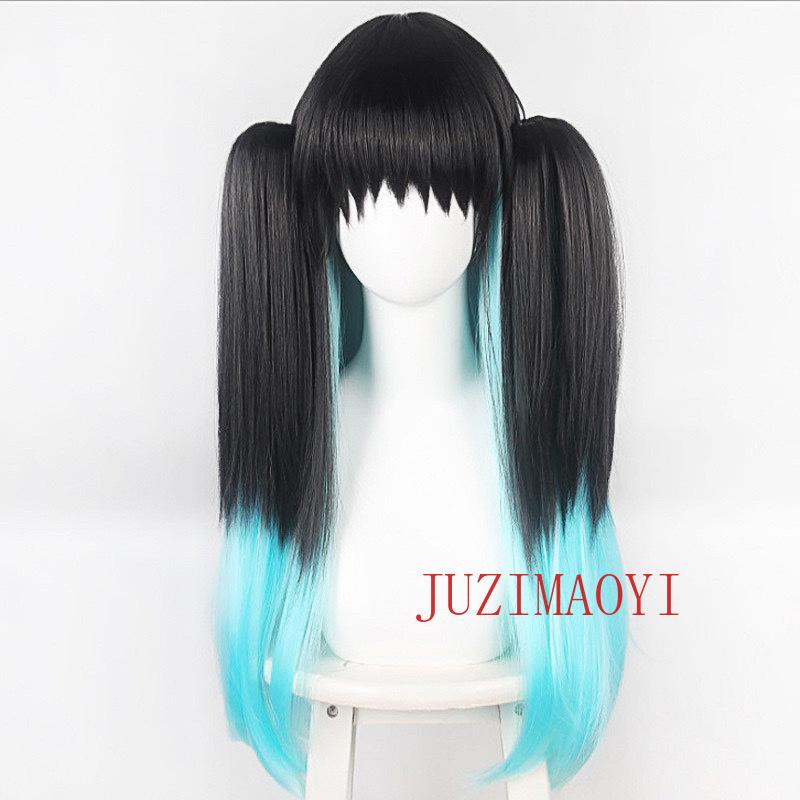 Cosplay Pruik Kimetsu no Yaiba Muichiro Tokito Cosplay Synthetische Pruik - Gegradiente Zwart Groene Pruik met Pony black