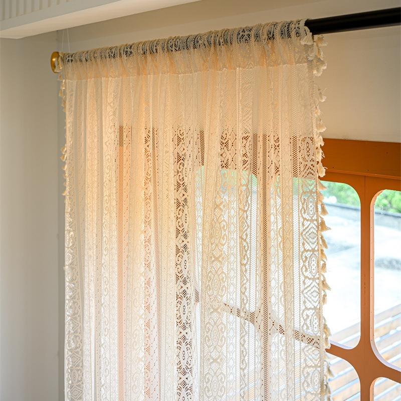 French Translucent Curtains Bohemian Style Hollow Lace Fabric Four Season Universal Living Room Decoration Drapes Vintage Tassel Fabric Curtain