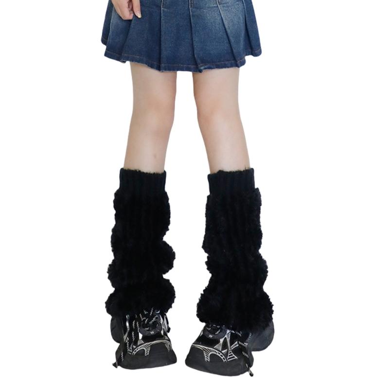 Ribbed Knit Cuffs Furry Leg Warmers for Women Students Winter Furry Plush Boot Covers Stretchy Calf Socks Streetwear