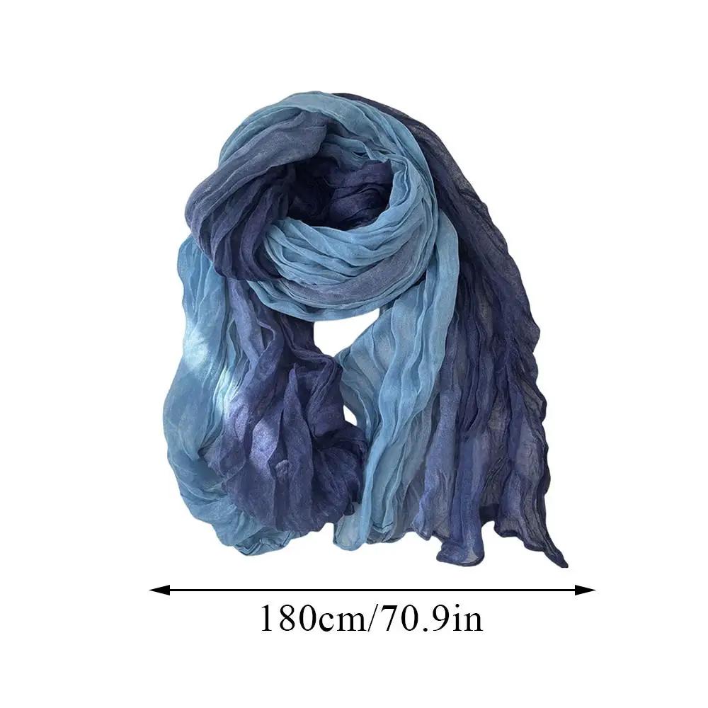 180x90cm Scarf Cotton Hemp Gradient Blue Autumn Winter Korean Versatile Printed Women Long Soft Fashionable Trend Fold Shawl DIY