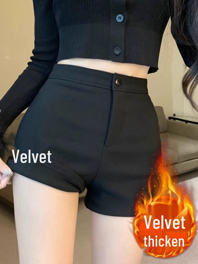 

2023 Женские американские шорты с флисовой подкладкой, с высокой талией, теплые, повседневные M чёрный