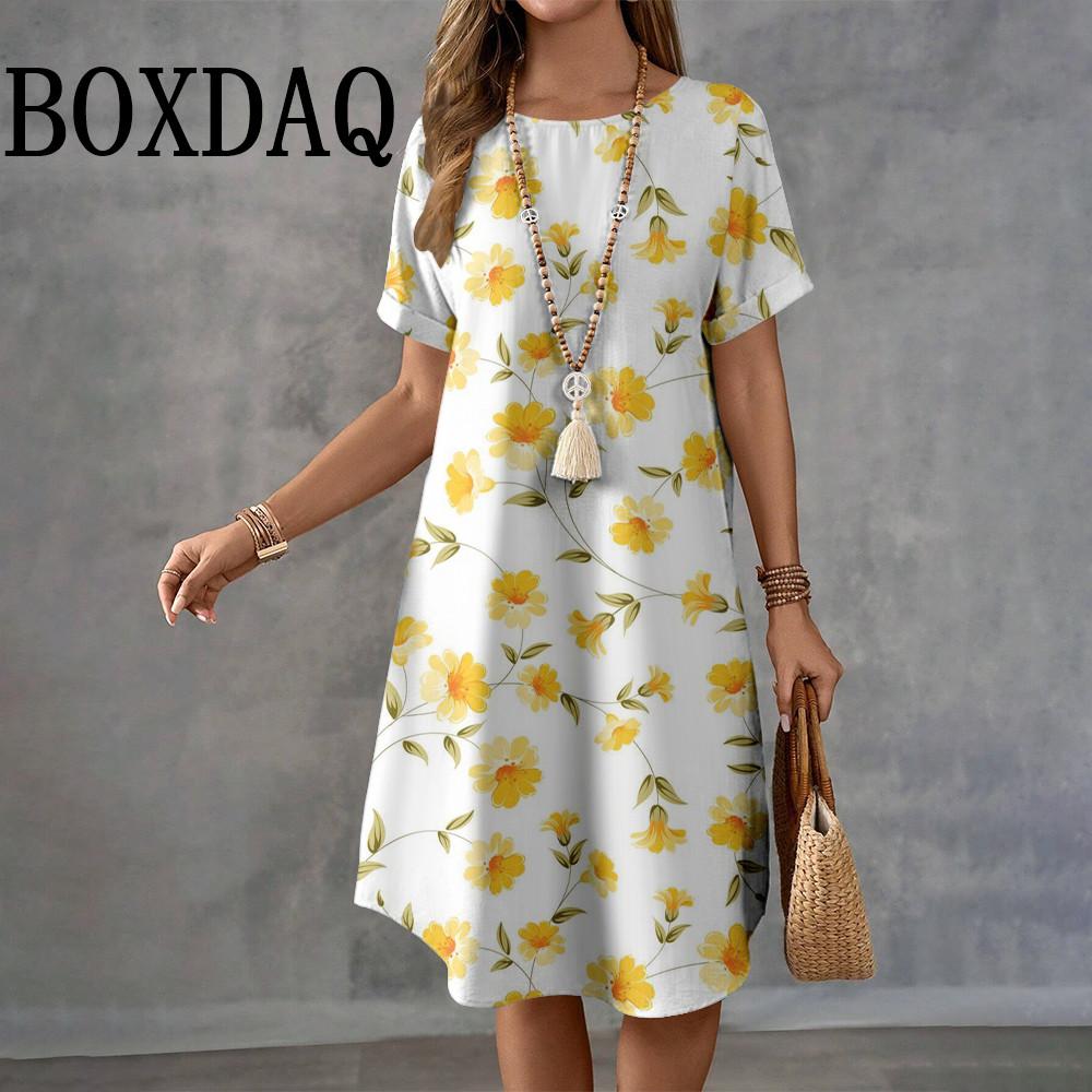 Summer Fashion Flowers Printed Women Retro O-Neck Loose Elegant Short Sleeve Dresses Casual Holiday