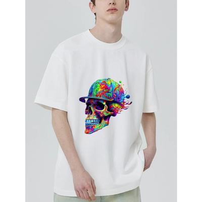 Colorful Skull with Hat Graphic T-Shirt Black Psychedelic Art Design for Casual Wear Streetwear Fashion Statement Men Women Unisex Top