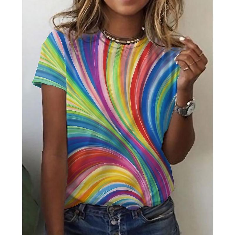 Women's T Shirt Basic Color Block Print Short Sleeve Regular Tops Round Neck Daily Weekend Yellow Red Blue Green Rainbow