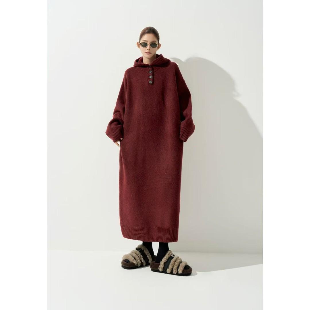 Wu Tongtong Winter Hooded Knit Dress - Women s Over-the-Knee Long Dress XL