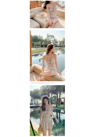 Hot Fashion Women's Slimming One-Piece Onsen Swimsuit with Skirt Style Cover-up, Solid Color, Conservative Waist-Cinching Design