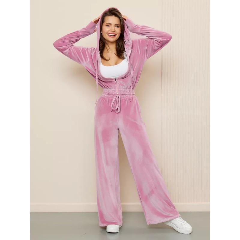 Women Casual Solid Color Zip Up Hooded Sweatshirt Wide Leg Pants Two Piece Set