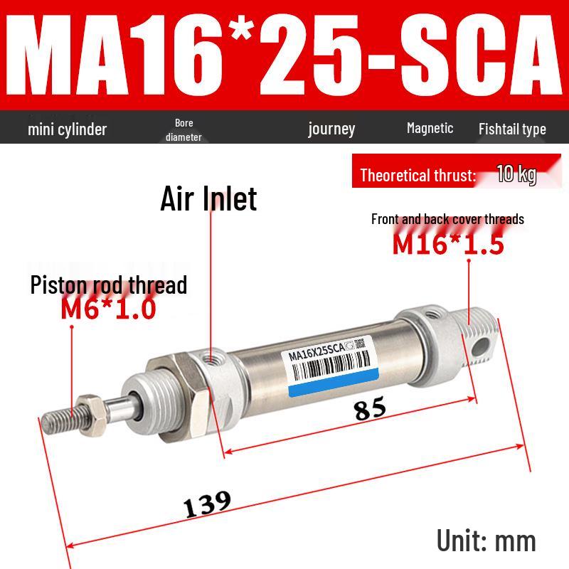 Mini Stainless Steel Pneumatic Cylinder MA Series (16-40mm Bore, 50-200mm Stroke)