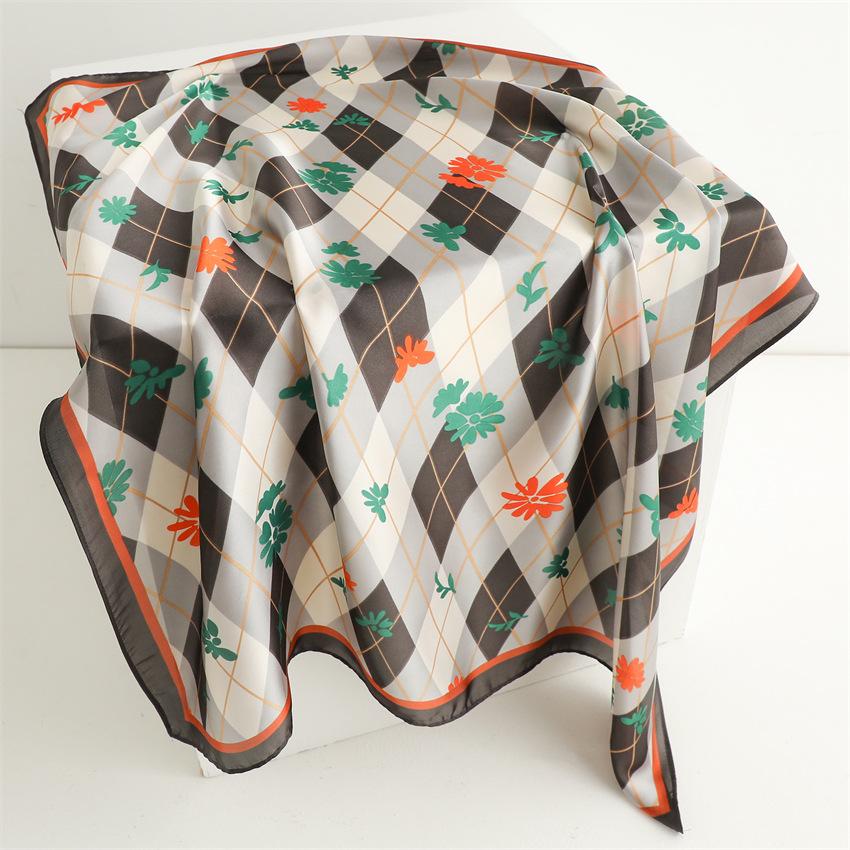 British plaid small fresh silk scarf sunscreen shawl versatile floral scarf imitation silk 71cm square scarf professional scarf