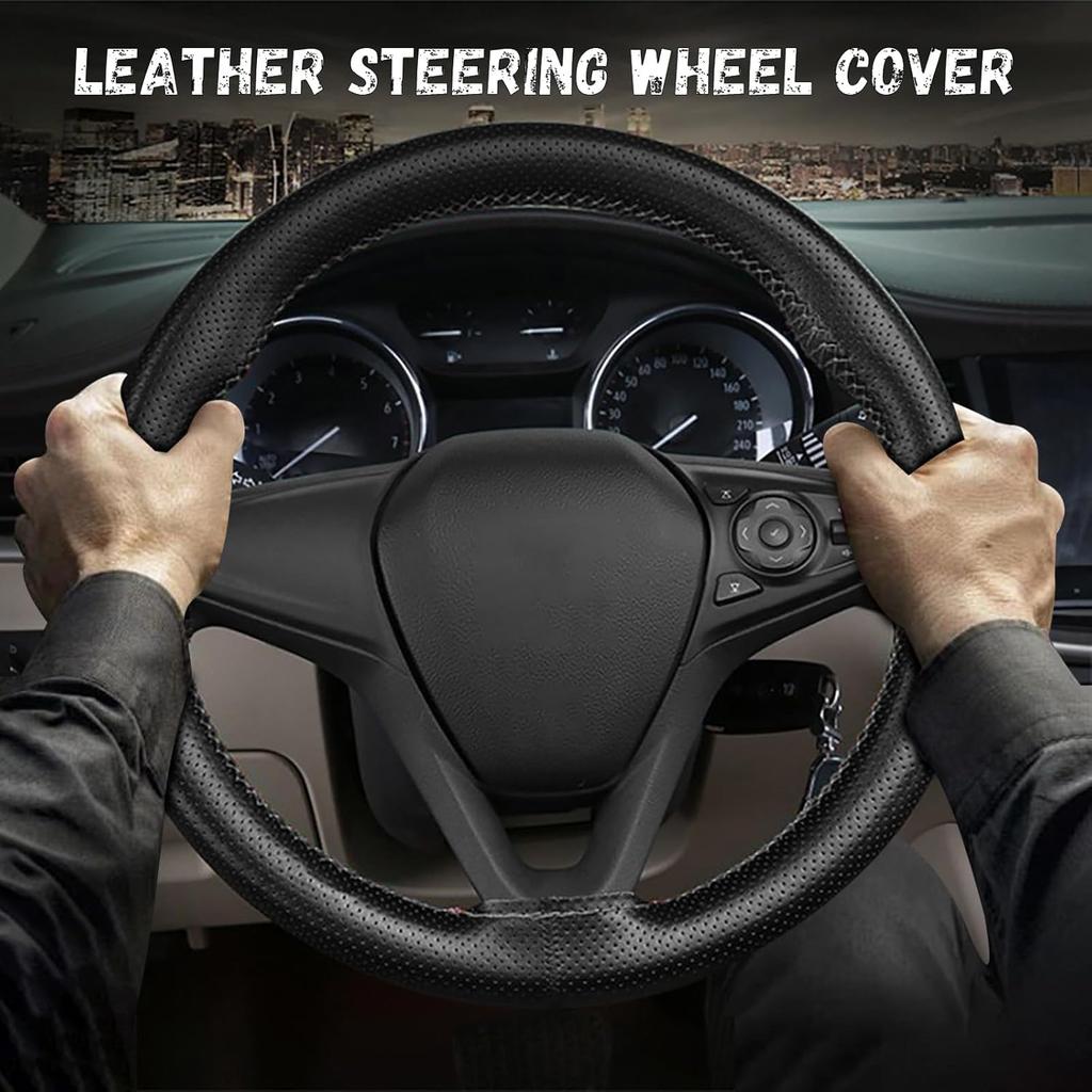 Leather Steering Wheel Cover, DIY Sewing With Needle & Thread, Breathable Anti-Slip Car Steering Wheel Protector, Universal 15 Inch Auto Steering