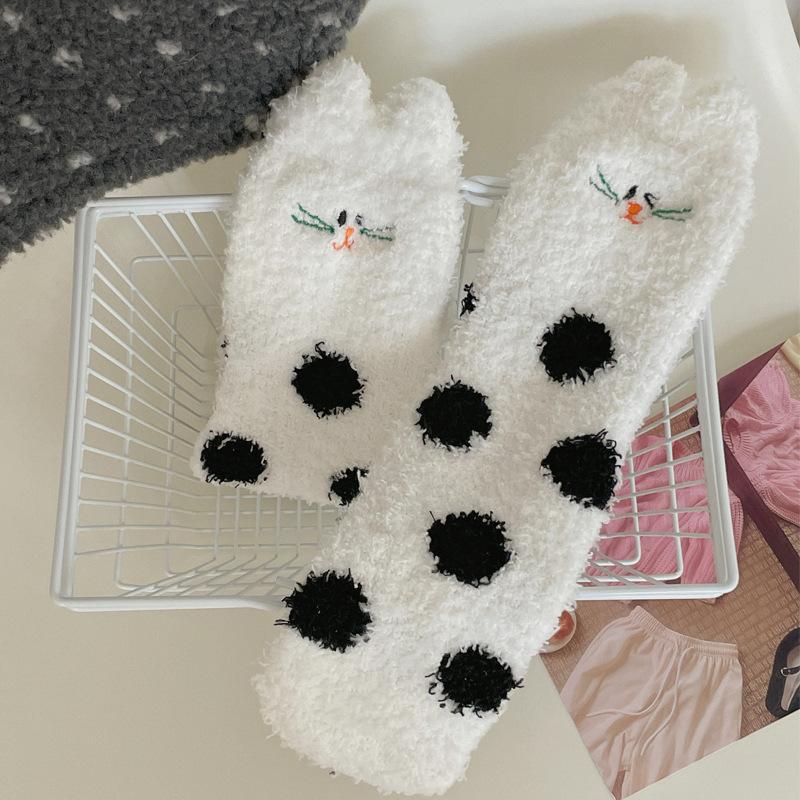 Autumn and Winter Coral Fleece Socks for Women, Half-fleece Home Mid-calf Socks, Thickened Floor Socks, Sleeping Women's Socks