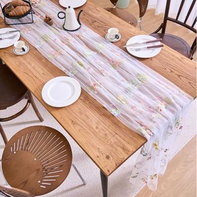 French Vintage Embroidered Floral Table Runner Romantic Fresh Color Wrinkled Table Runner Semi-Transparent Tulle Table Runner