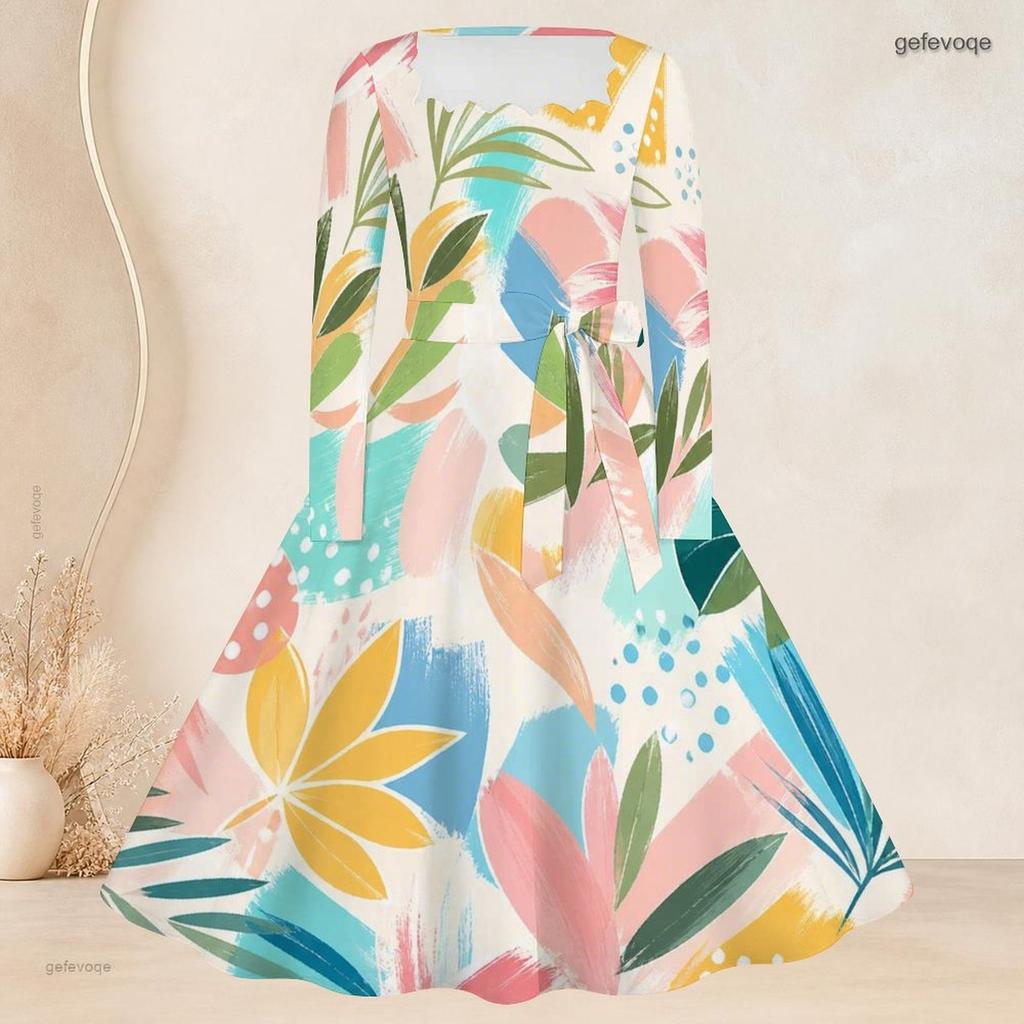 Women Plus Size Square Neck Long Sleeve Multicolor Printed A Line Dress With Belt Pockets