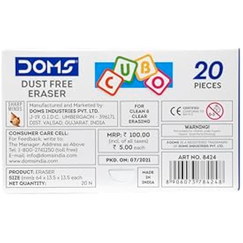 Doms Dust Free Cubo Eraser Box Pack | Comfortable Edge For Easy Handling | Non-Toxic & Safe For Kids | Attractive Body C Pack of 20