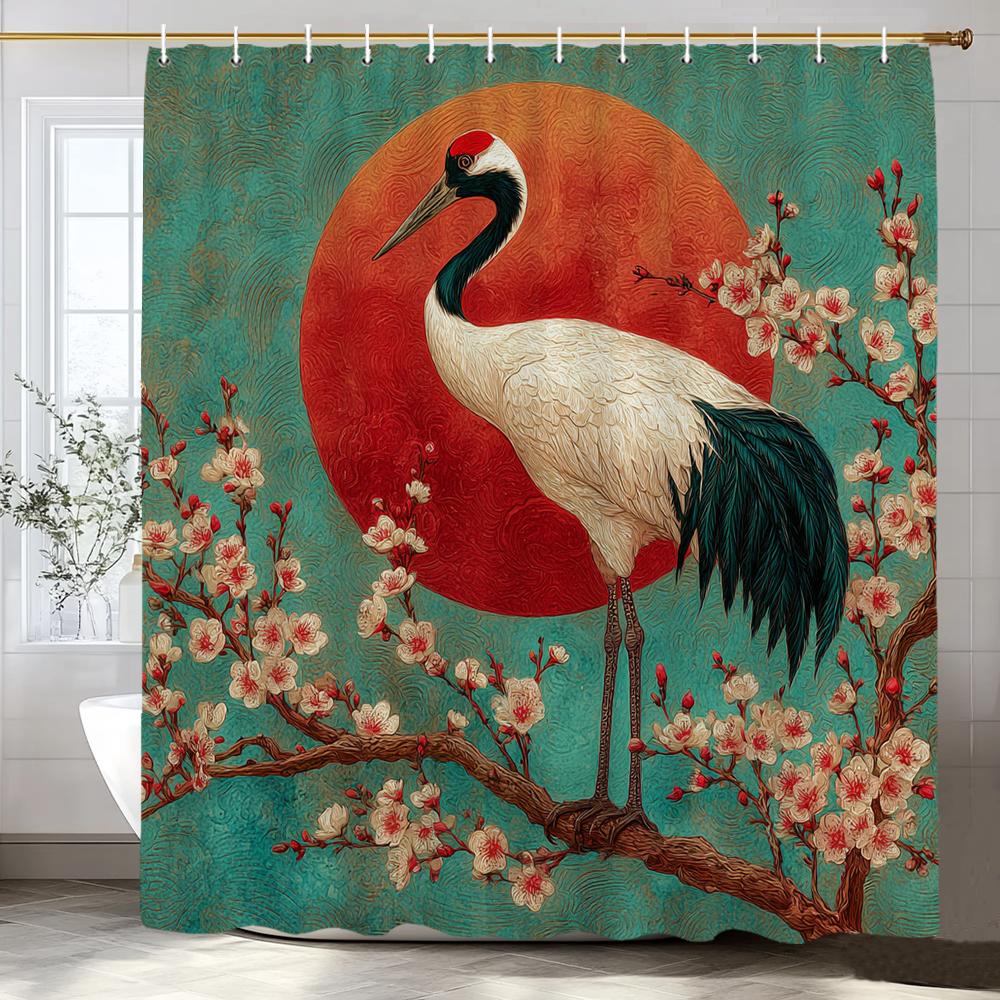 

Japanese Ink Painting Plum Blossom Blossom Landscape Shower Curtain, Bathroom Decorative Shower Curtain, With Hooks W60H190(CM)-1 Pcs