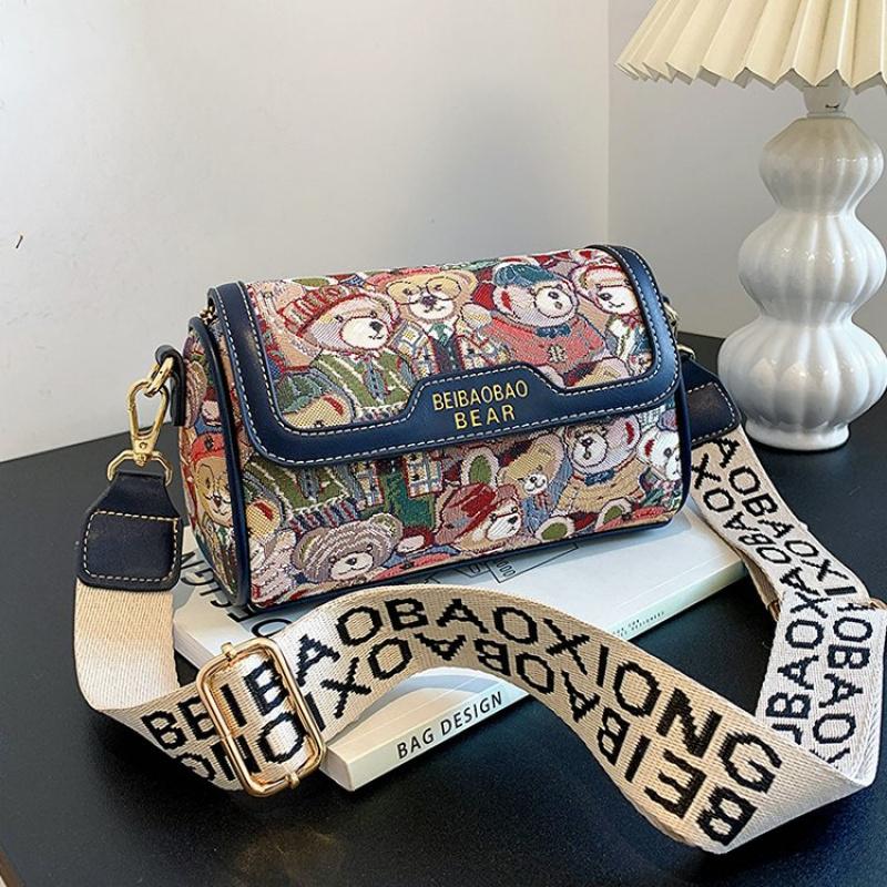 

Small Bear Jacquard Shoulder Bag Cartoon Flap Cylinder Purse Women S Wide Strap Crossbody Bags For Women Fashionable Practical Gift For Girls