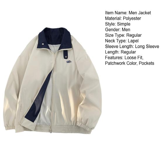 Men Cardigan Jacket Lapel Long Sleeve Zipper Placket Color-Blocking Design Jacket Coat with Pockets Loose Fit Outerwear