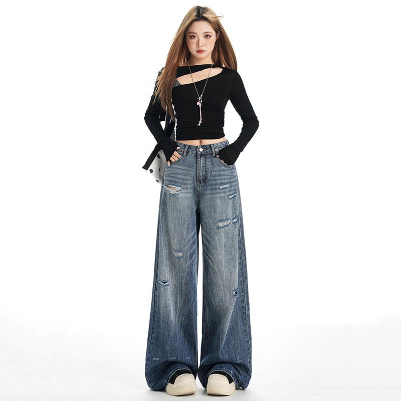 American Retro Wide-Leg Ripped Jeans - Women’s Fashionable Slimming Spring/Autumn Style