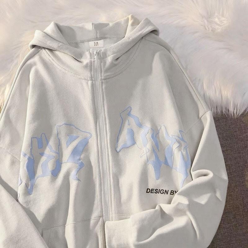 226 Gothic Print Zip Up Hoodie Unisex Women Casual Fall Winter Loose Fit