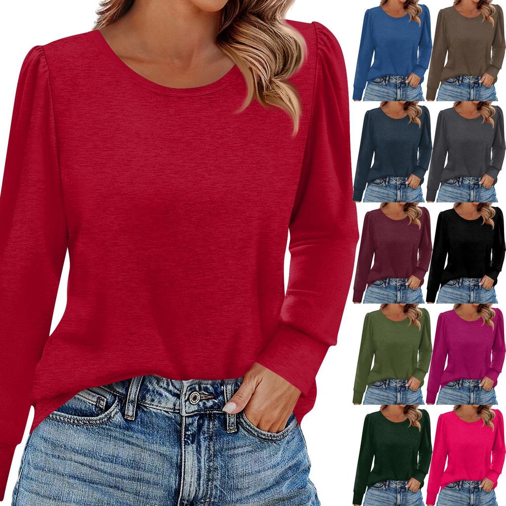 Women's Fashion Casual Long Sleeve Solid Color Shirt Women's Round Neck Tops