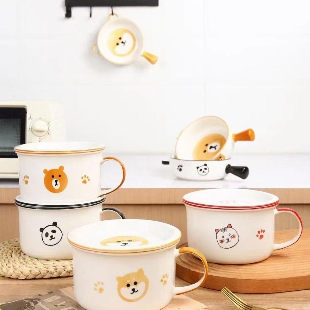 6-Inch Ceramic Instant Noodle Bowl,with Lid Spoon Handle,Personal Special Rice Bowls Noodle Office Workers, Dormitory Soup Set