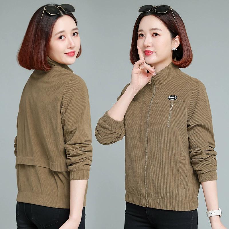 Jachetă Scurtă pentru Femei, Guler Înalt, Catifea Cord, Jachete de Primăvară și Toamnă, Haine pentru Femei de Vârstă Mijlocie