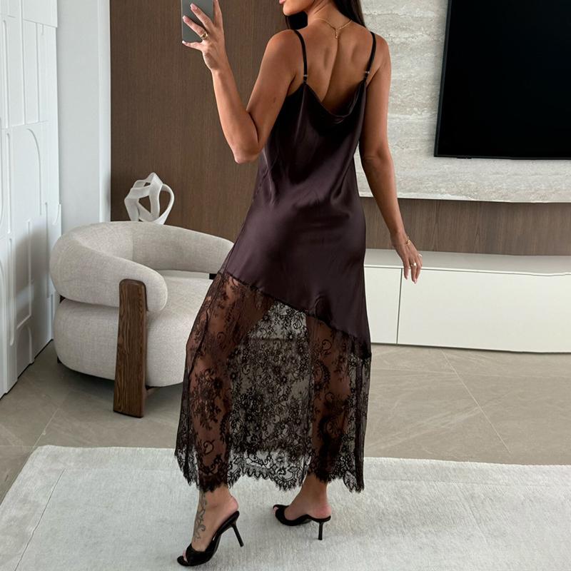 Abito Lungo Sexy in Pizzo da Donna Moda Raso Scollo a V Giuntura Abito da Sera per Feste 2026 Nuovo Caldo Donna Senza Maniche Abiti Eleganti