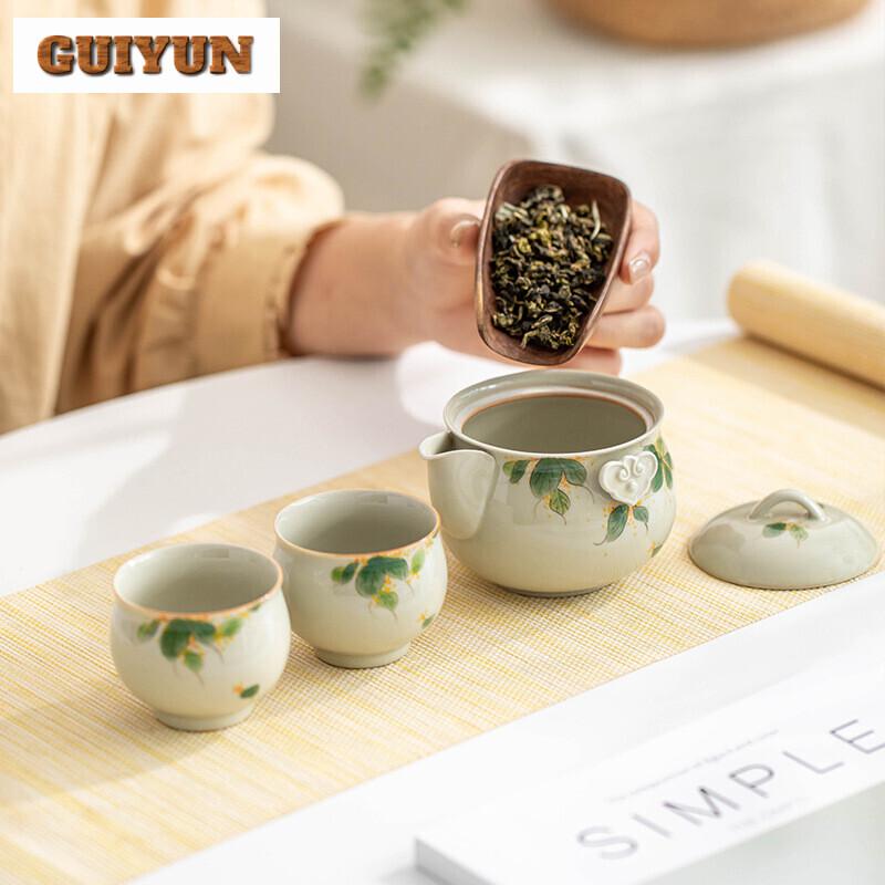 Hand-painted Osmanthus Travel Tea Set Boutique Hand Grasp Pot Tea Set Kit Antique 1 Pot 2 Cups Tea Maker Tote Bag Ornament Gifts