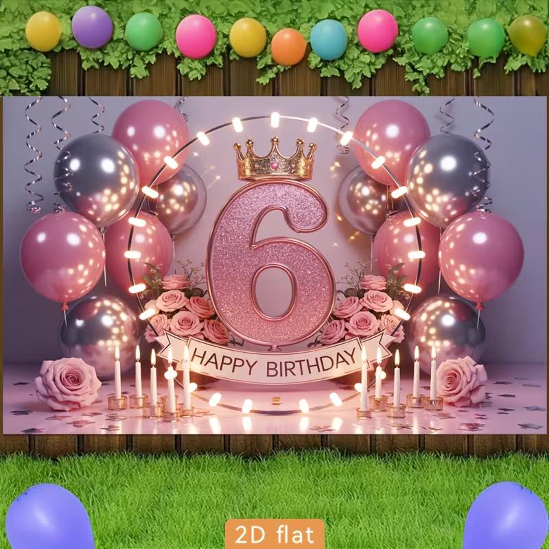 2D 6th Birthday Photography Backdrop, Pink and Silver Balloon with Light Ring Background
