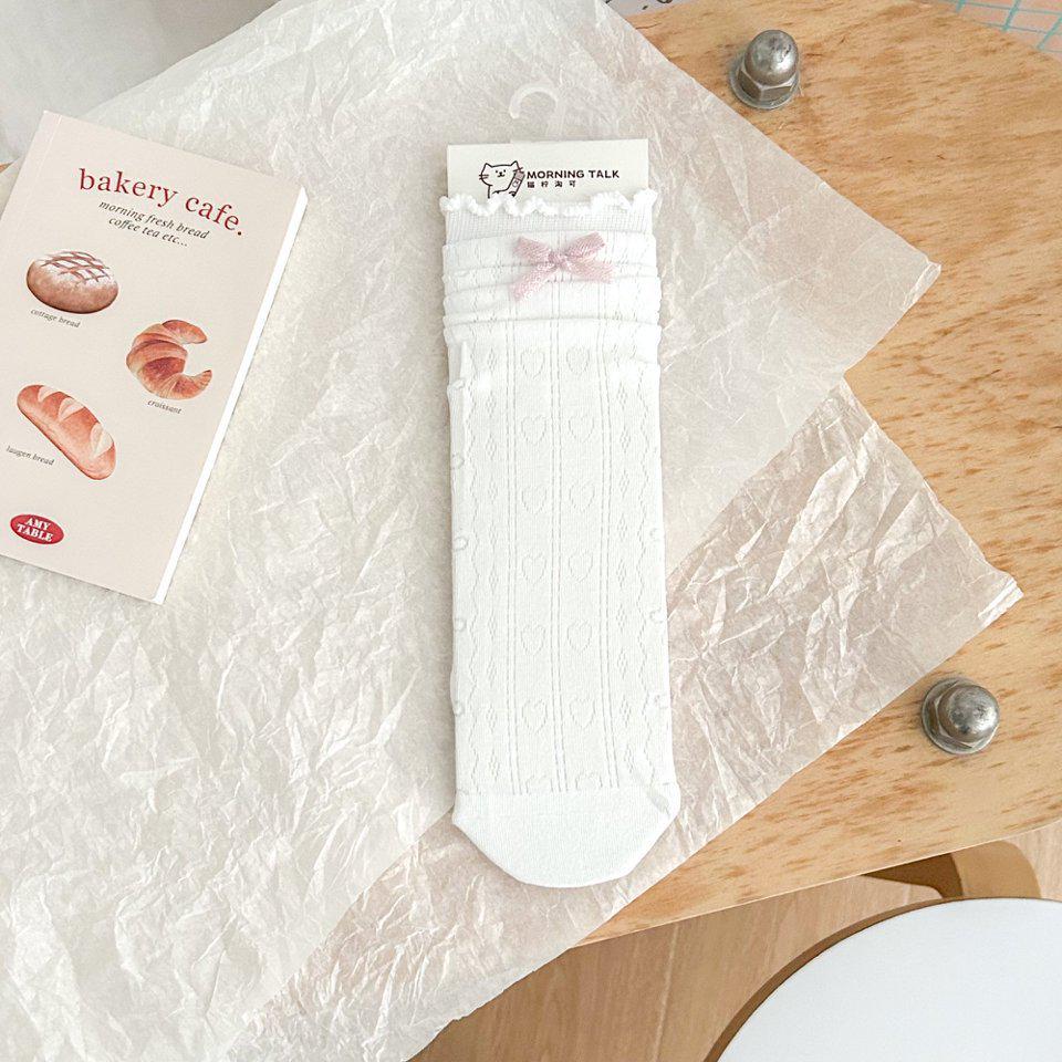Spring/Summer Cute Cat Mesh Mid-Calf Socks with Lace Bow and Hidden Pattern One Size