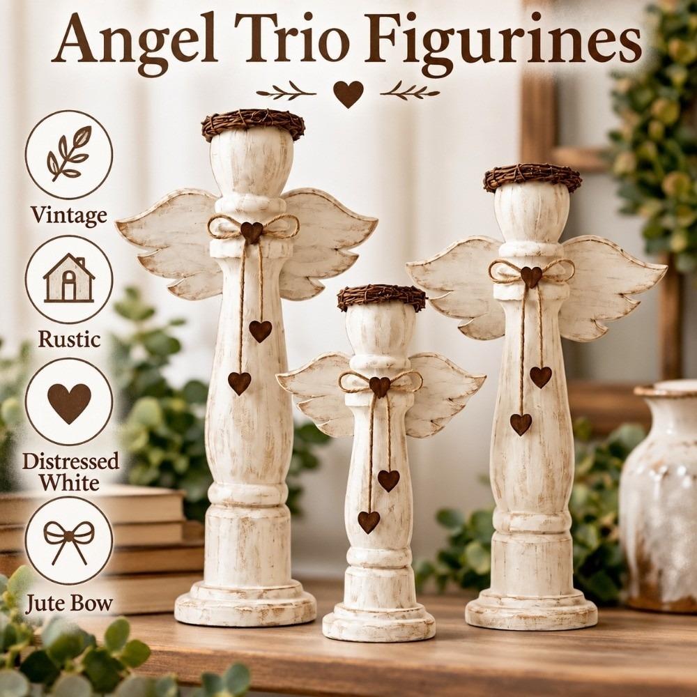 3Pcs Farmhouse Angel Trio Figurines Rustic Tabletop Ornament Angel Figurine Set Living Room