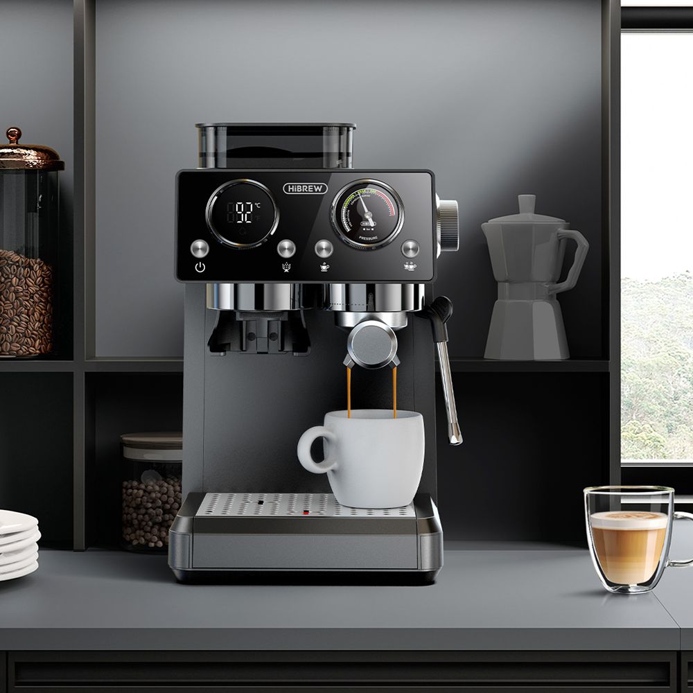 Macchina per Caffè Espresso Hibrew H20 Con Macinacaffè Integrato, Controllo della Temperatura PID, Compatibilità Dual CPU E Montalatte Nero