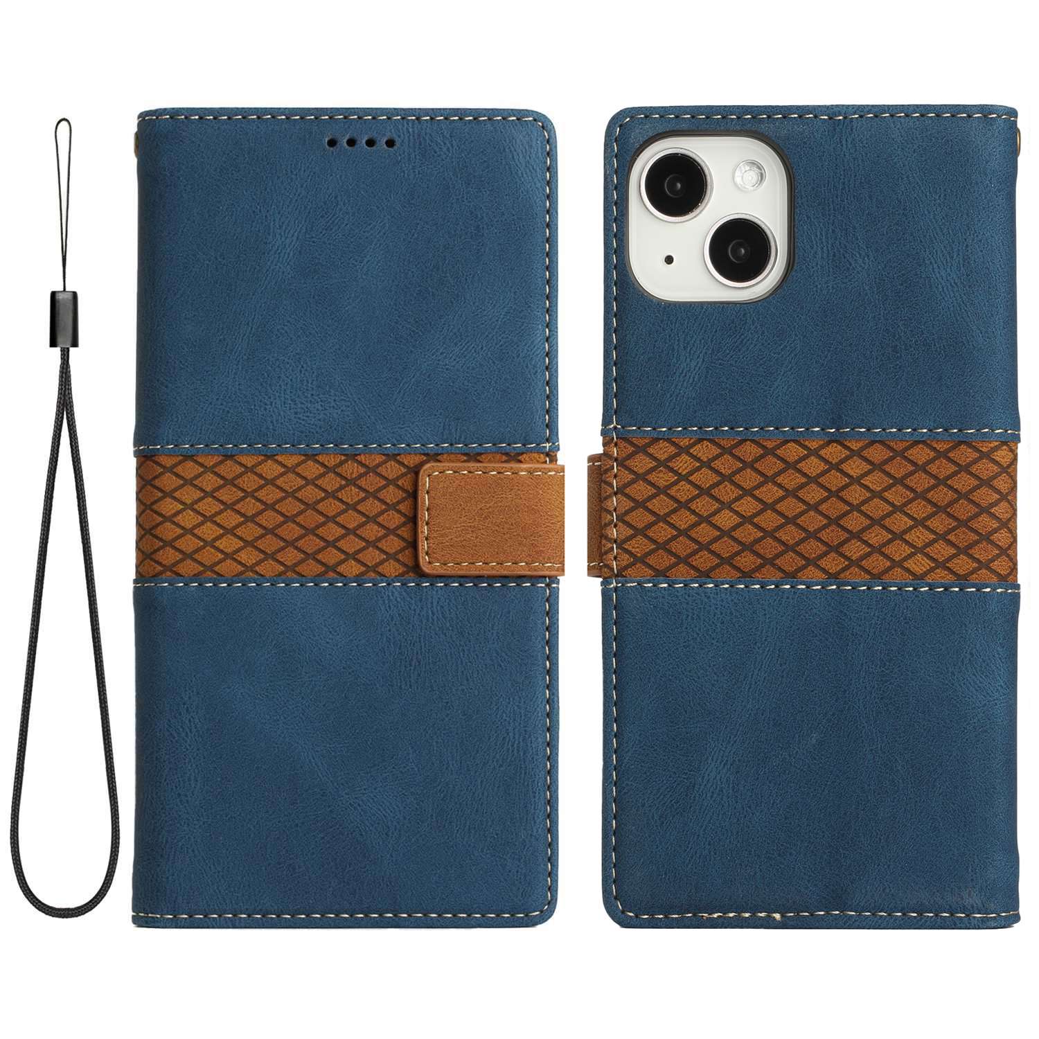 

Чехол-кошелек из ПУ кожи для iPhone 15, Сетчатый сшивной чехол-подставка для телефона с ремешком Blue