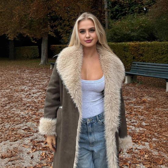 Faux Fur Long Trench Coat for Women Reversible Fuzzy Fleece Sherpa Lined Jackets Winter Furry Trimmed Casual Overcoat