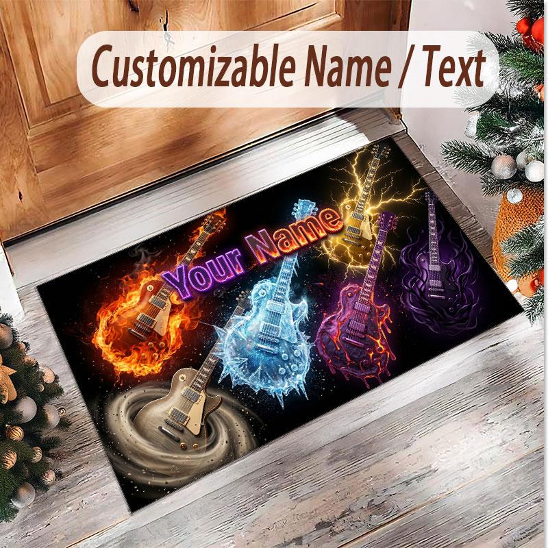 Music Guitar Theme Soft Crystal Velvet Rug Custom Name & Text Print Non Slip Floor Rug for Bedroom Living Room