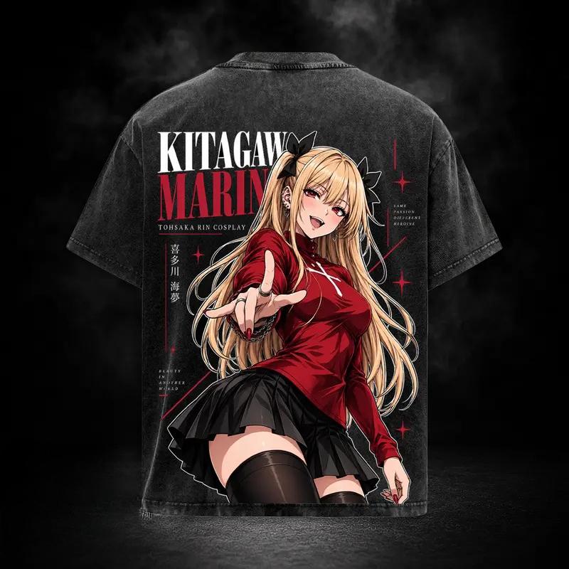 Marin Kitagawa Printed Tee Anime My Dress‑Up Darling Clothing Men Women Vintage Washed T-shirts Casual Streetwear Cotton T Shirt