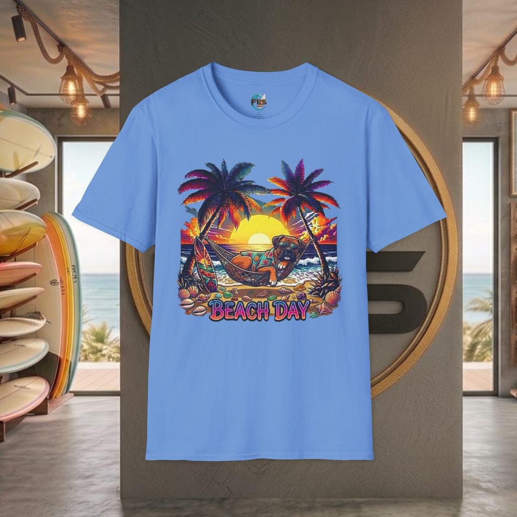 Cool Boxer Dog Sunglass Sunset Beach Day Surf Unisex SoftStyle T-Shirt