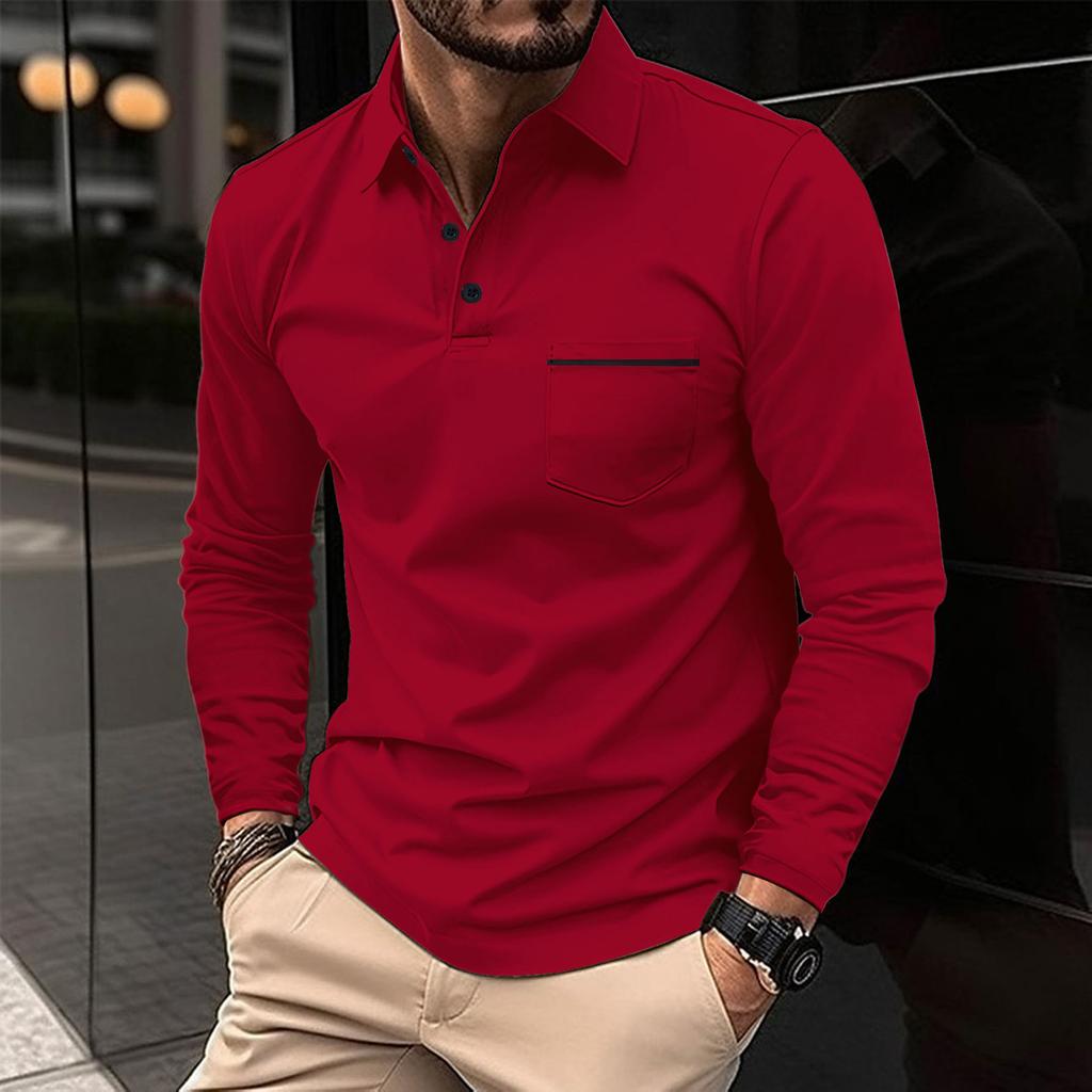 New Work Exercise Fitness Spring Long Sleeve V-Neck Button Men'S Real Pocket Casual Top Polo Shirt Business Shirt