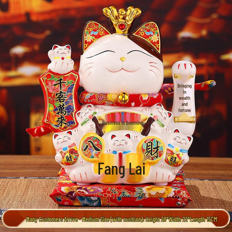Automatic Waving Ceramic Lucky Cat Figurine - Perfect for Housewarming, Cash Register, or Living Room Decor