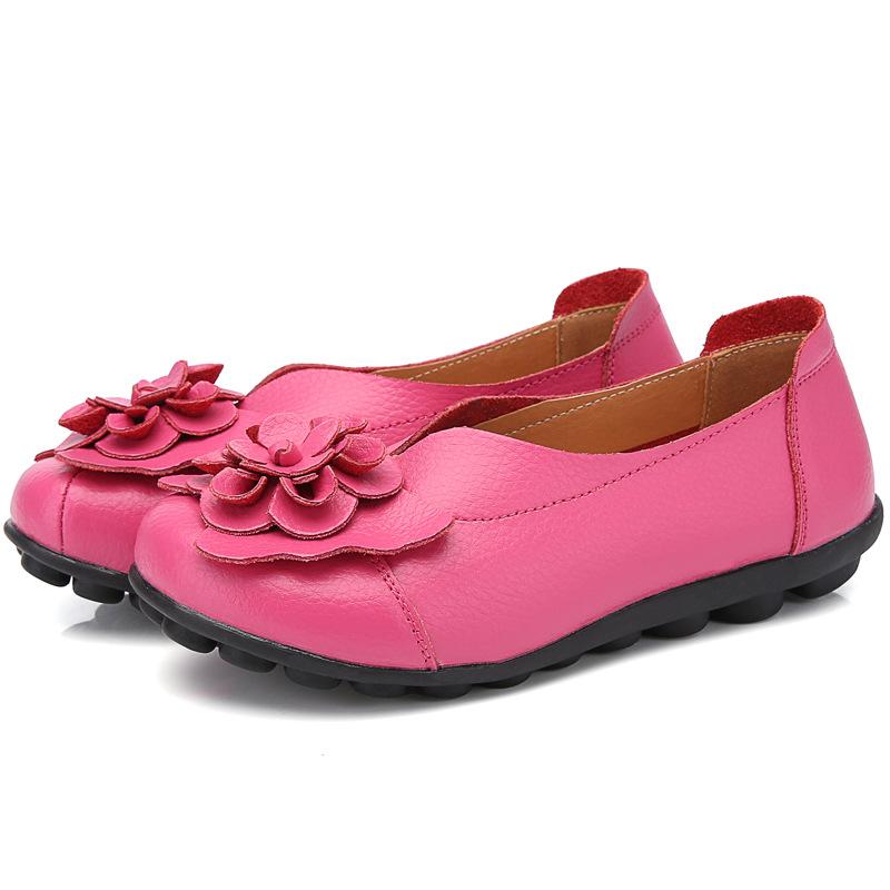 Spring Summer Cowhide Flower Mother Shoes Comfortable Bean Women's Shoes Flat Shoe Women's Singles Shoes