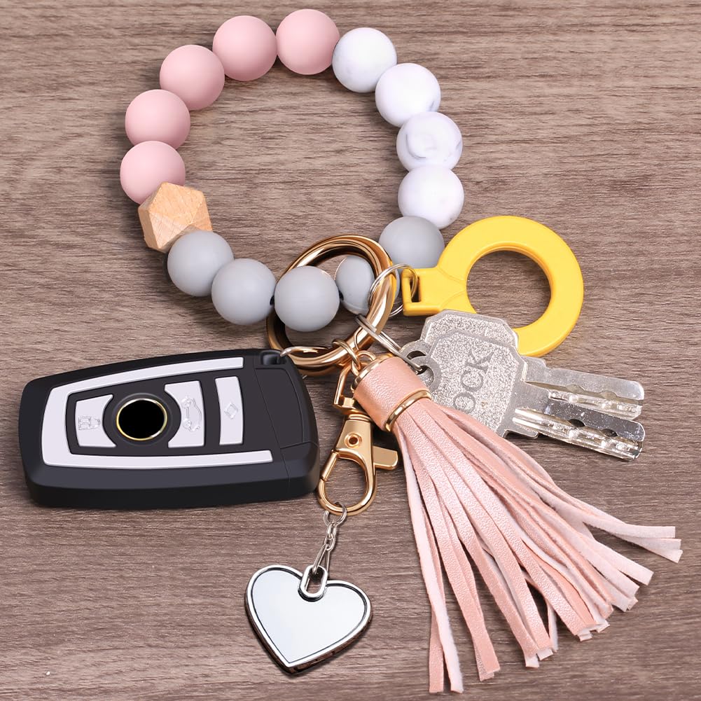 UpUDo Keychain Bracelet Wristlet, Silicone Beaded Key Ring Bracelet with Card Wallet, Elastic Key Ring Bangle for Women, Rose Gold, Large