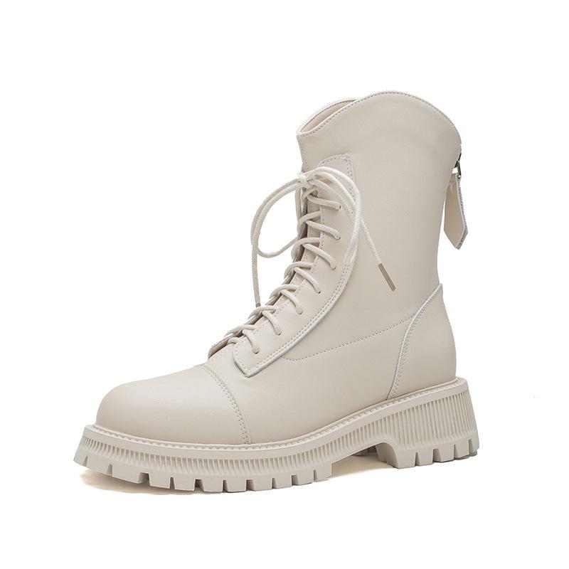 Middle heel autumn and winter new Martin boots women's thick-soled lace-up leather short boots women's beige temperament boots women