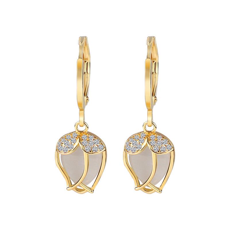 2023 High-End Tulip Ear Cuffs with Cat's Eye Stone Flower Dangle Earrings - Light Luxury and Versatile Fashion Jewelry