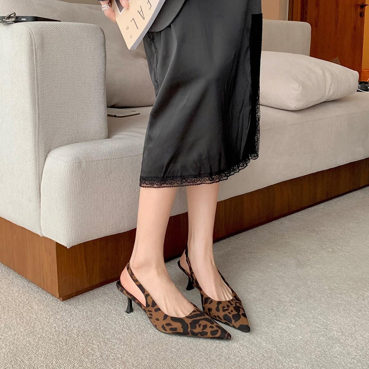 

Cowhide version~ Temperament small pointed head shallow mouth rear empty high heel sandals women s French thin heel leopard cat and single shoes women 40